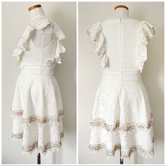 Farm Rio White Eyelet Beaded Ruffle Mini Dress NWOT XS - Picture 7 of 11